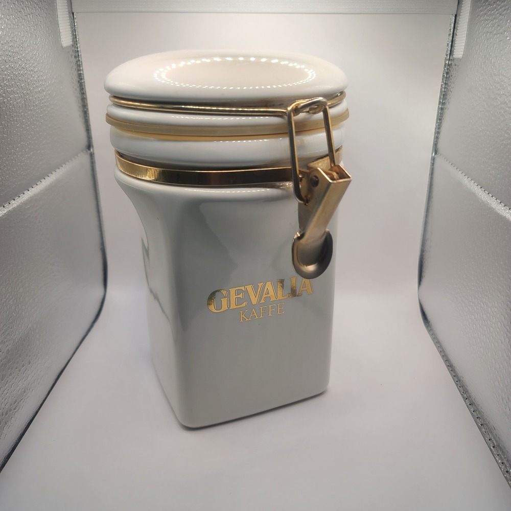 Gevalia Kaffe White Ceramic Coffee Canister Airtight Gold Bail Lid Made in Japan